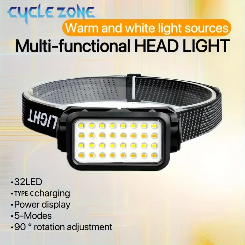 Outdoor Adventure At - ไฟหน้าแบบชาร์จไฟได้พร้อมไฟ LED 32 ดวง 5 โหมด