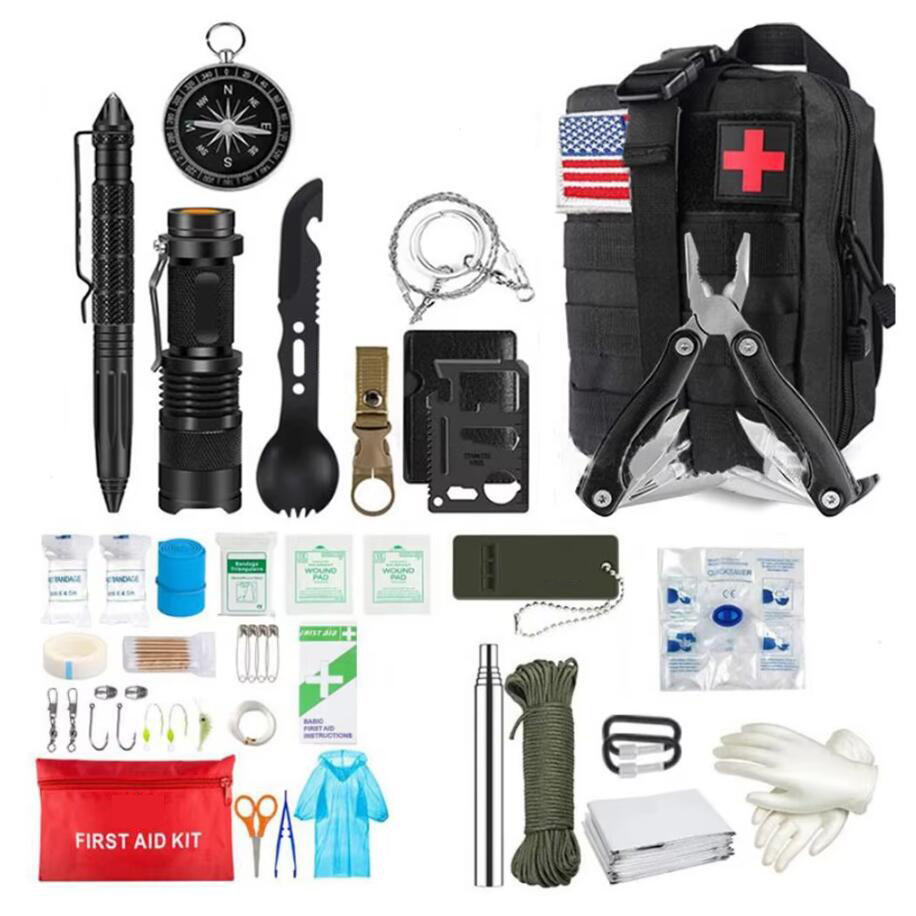 Outdoor Adventure Kit - ทั้งชุดเอาชีวิตรอด kotak p3k ชุดอุปกรณ์ฉุกเฉิน Molle สำหรับกลางแจ้งกระเป๋าใส่สัมภาระเดินป่าตั้งแคมป์การผจญภัย