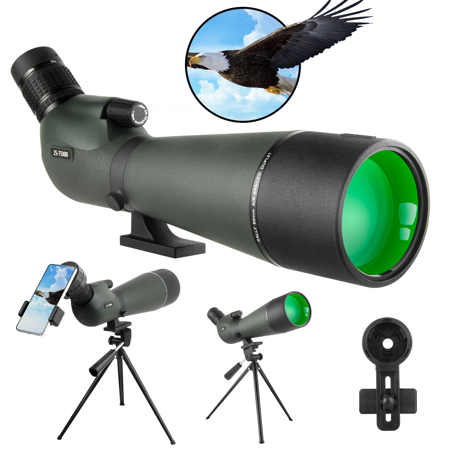 Outdoor Adventure Watches - 25-75x80 กล้องโทรทรรศน์ Spotting ขอบเขตขนาดใหญ่ที่มีประสิทธิภาพซูม Monocular พร้อมอะแดปเตอร์โทรศัพท์ขาตั้งกล้องสําหรับดูนก