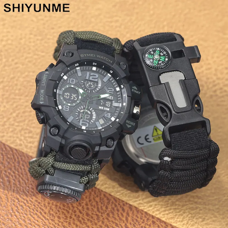 Outdoor Adventure Watches - SHIYUNME นาฬิกาผู้ชายเอาชีวิตรอดกลางแจ้งมัลติฟังก์ชั่นกันน้ำผู้ชายนาฬิกาทหารเข็มทิศเครื่องวัดอุณหภูมิ LED อิเล็กตรอนนาฬิกาควอตซ์