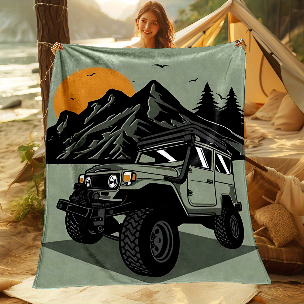 Outdoor Adventure Jeep - ผ้าห่มลายรถจี๊ปสำหรับแคมป์ปิ้งแสนสบาย เหมาะสำหรับการผจญภัยกลางแจ้ง ปิกนิก ลานบ้าน และตกแต่งบ้าน